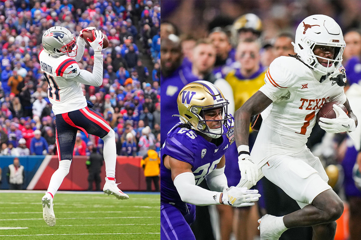 New England Patriots receiver Tyquan Thornton (left) and NFL Draft prospect Xavier Worthy (right). 